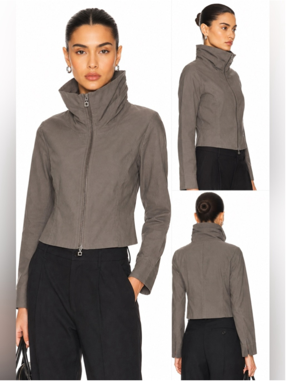 Sarah Pacini linen blend Cropped High Collar Zip Jacket in Taupe Gray